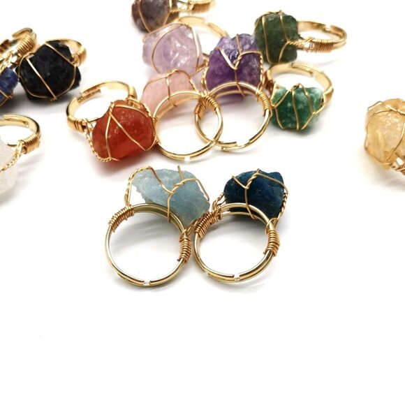 3/$35 Gold Plated Wire Wrapped Ring Natural Stone Pink Crystal Jewelry - Picture 4 of 5